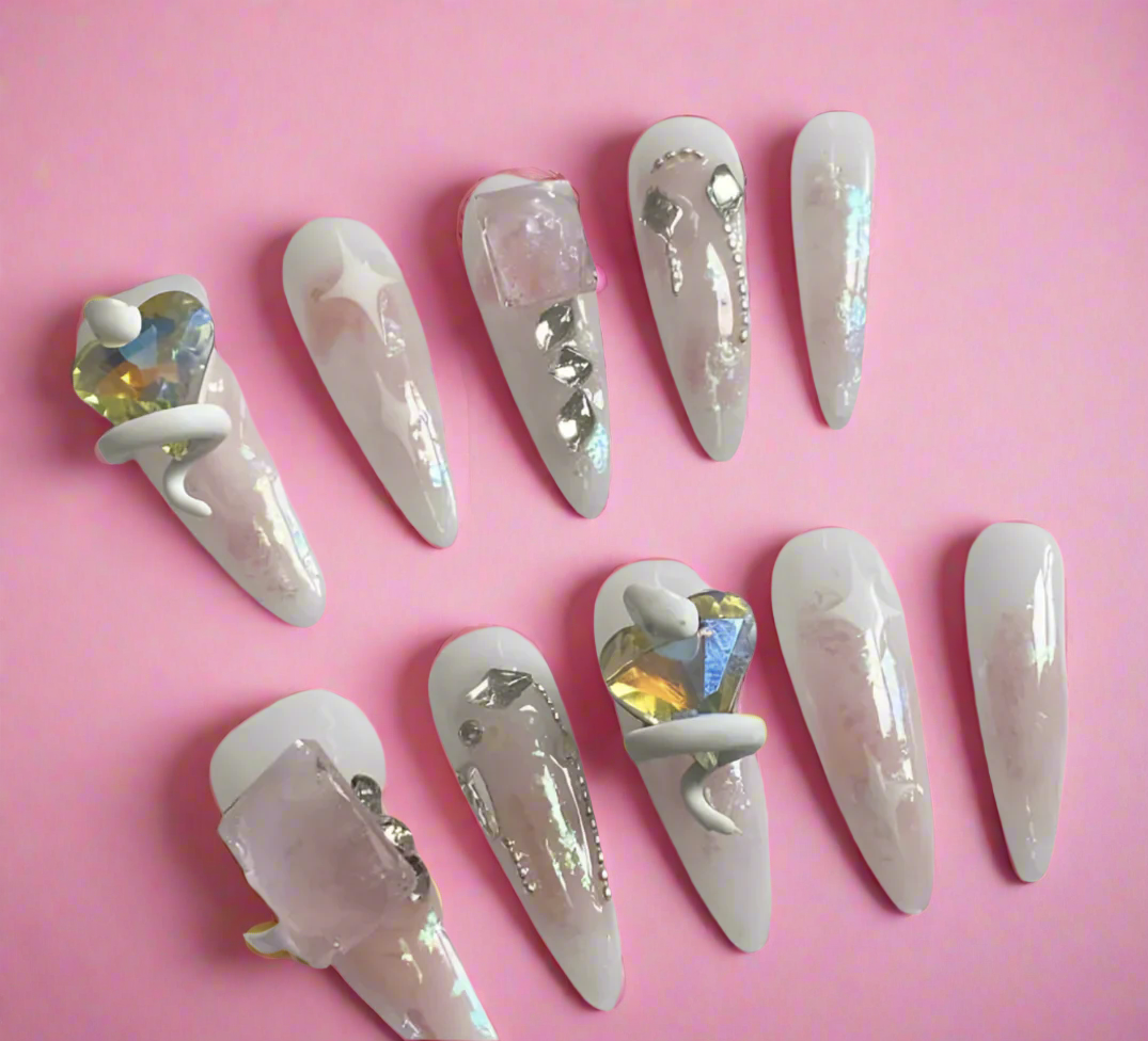 Trapezoidal UV Gel Nail Art Set With Hand-Painted Pink & White Jelly Snake & Heart Outline And 3D Heart-Shaped Rhinestone Decoration