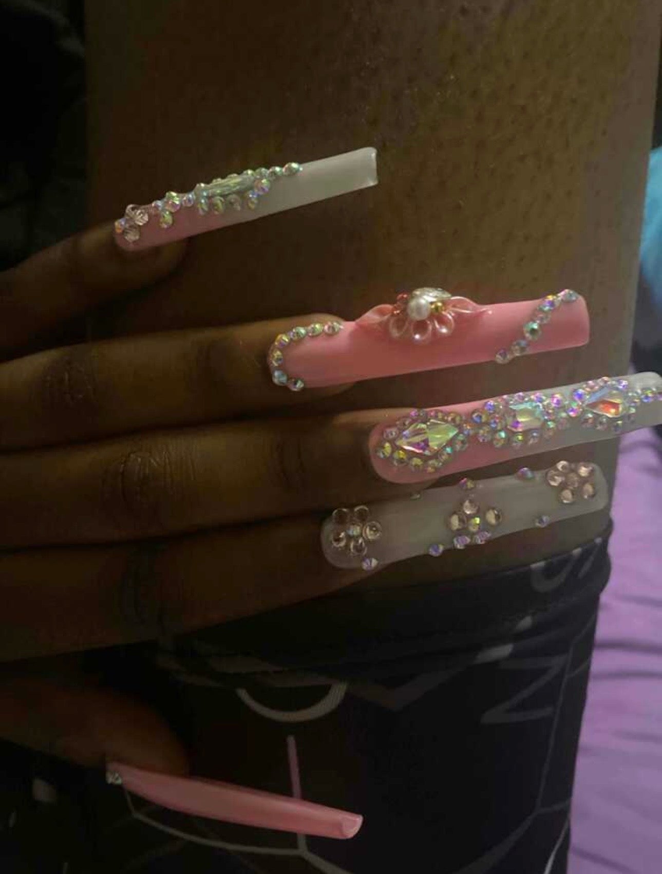 XXL Long Acrylic 3D Handmade Full Diamond Flower Nails