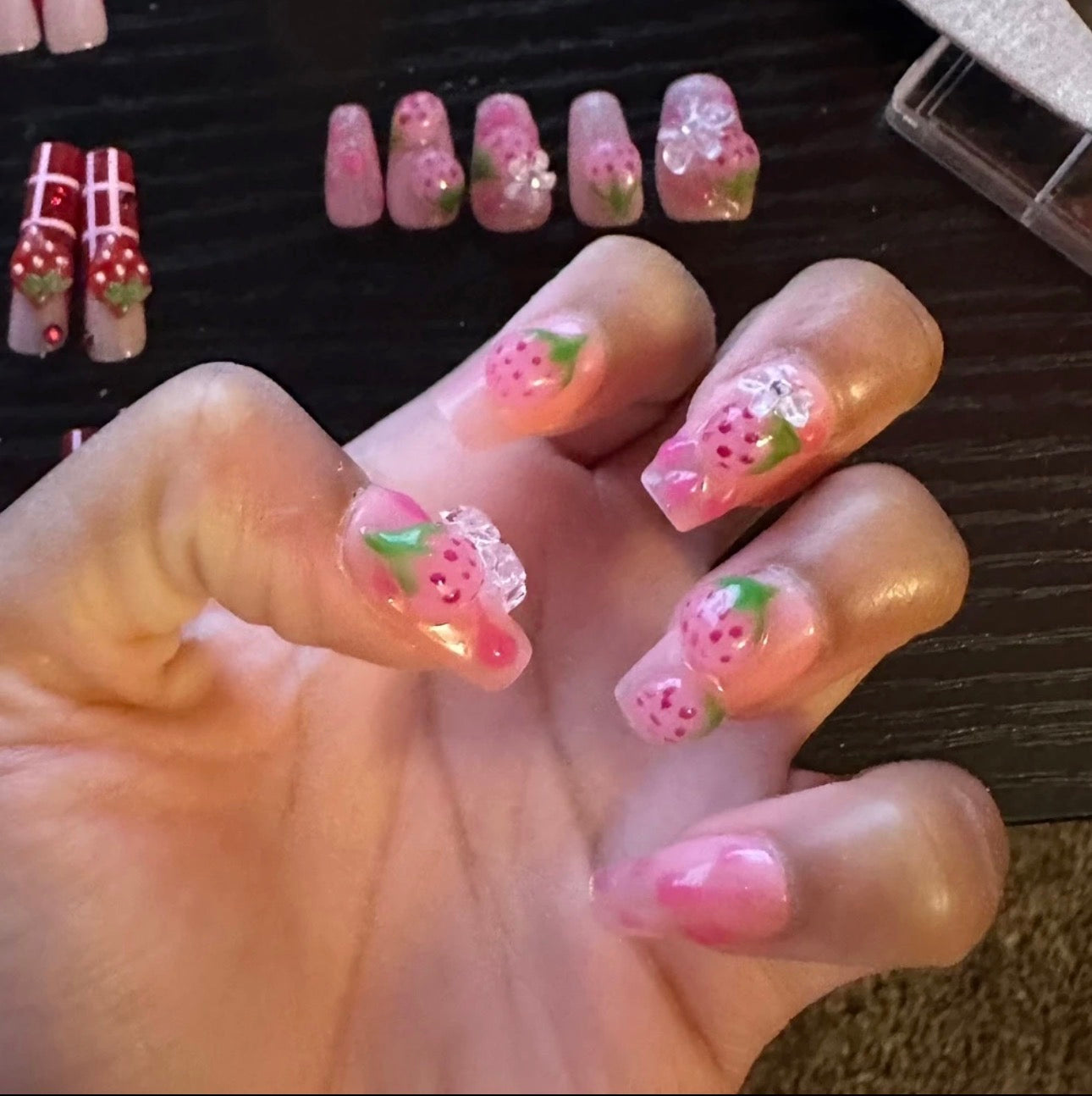 3D Strawberry Flower Handmade  Long Coffin Nails