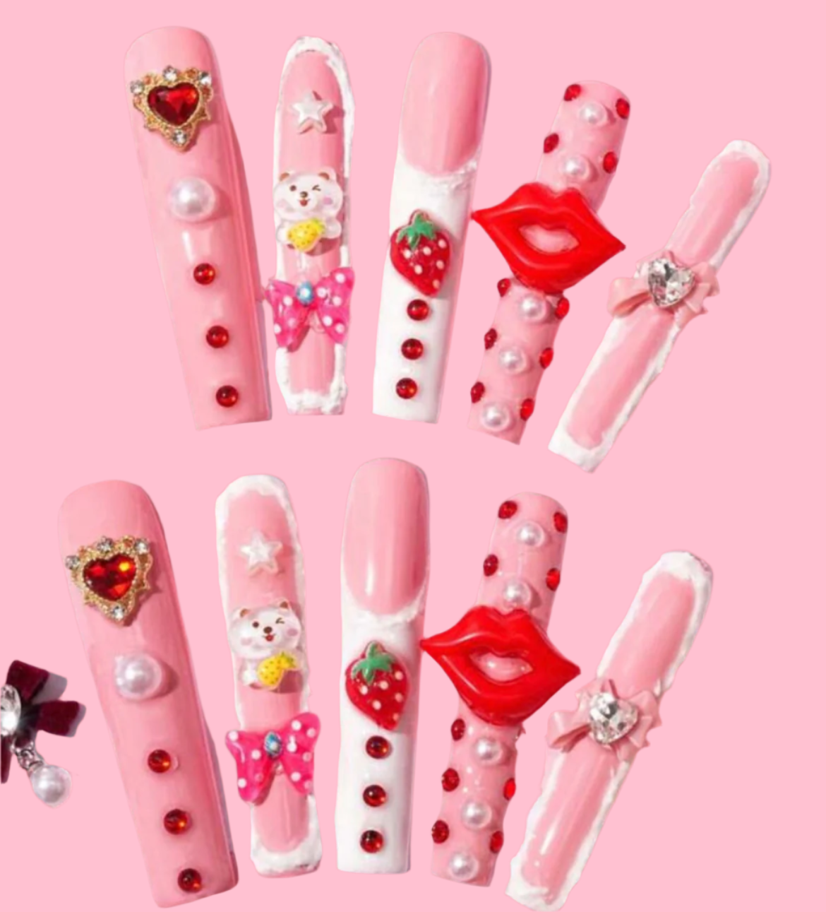 3D Super Long Red Lip, Strawberry And Hearts