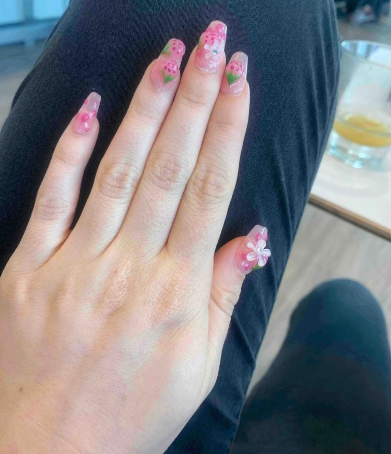3D Strawberry Flower Handmade  Long Coffin Nails