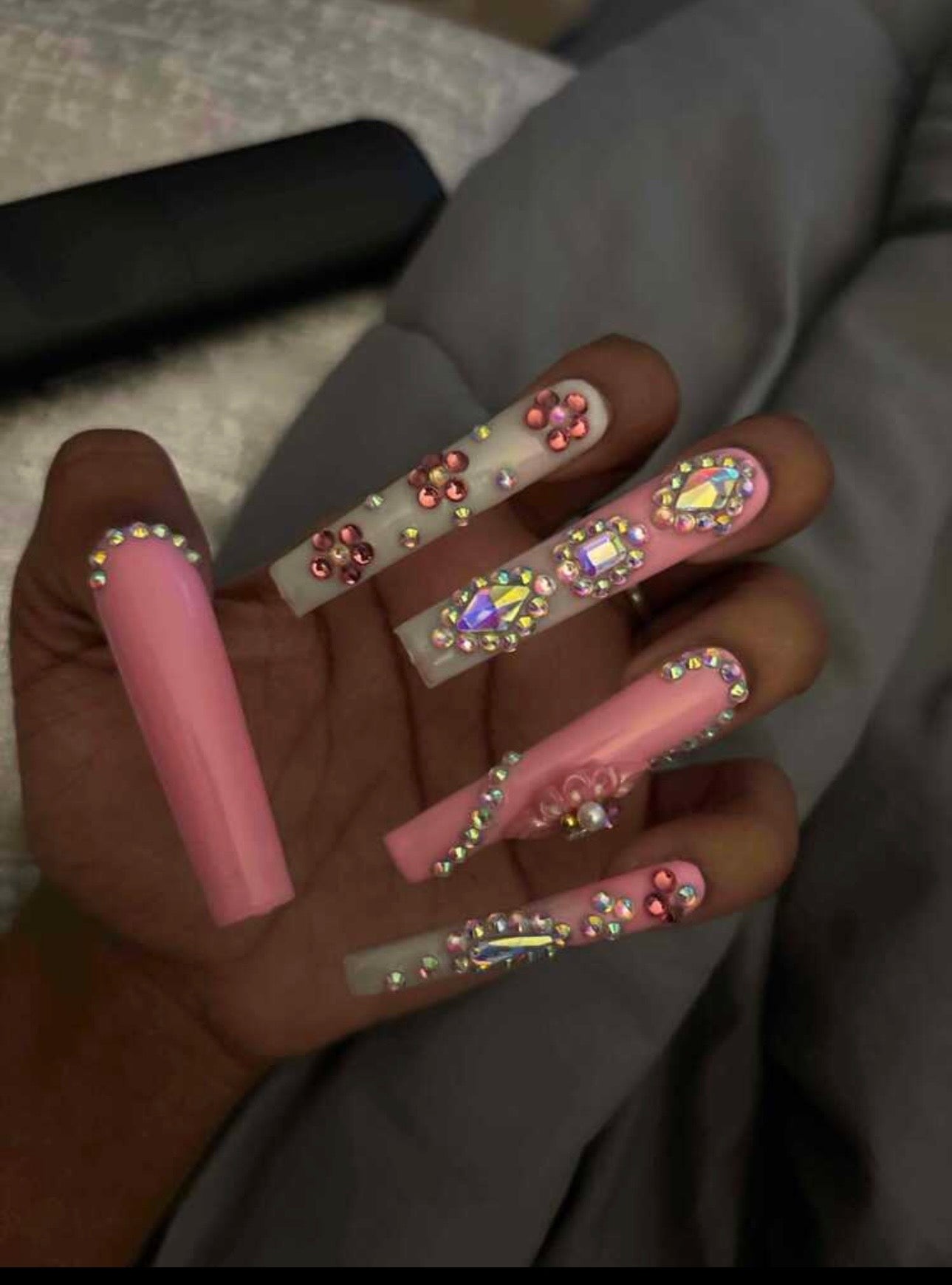 XXL Long Acrylic 3D Handmade Full Diamond Flower Nails
