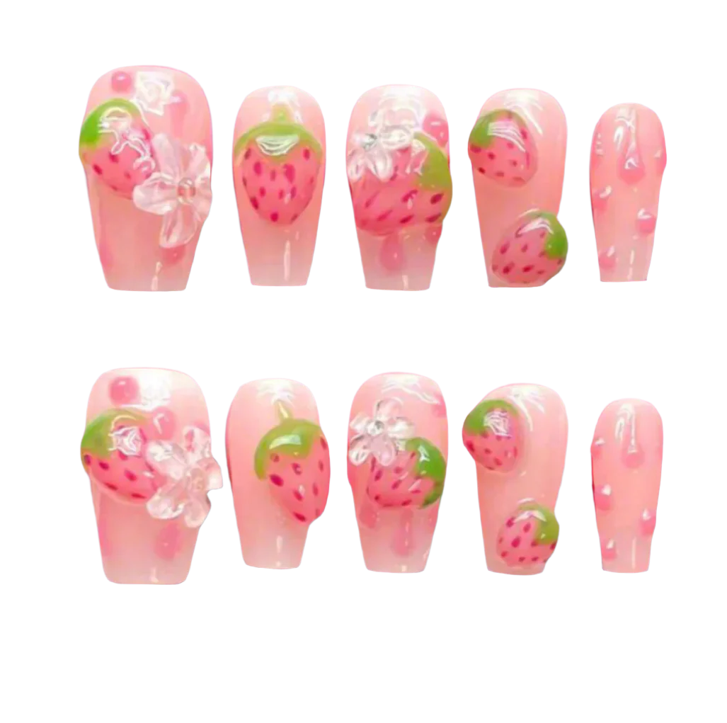 3D Strawberry Flower Handmade  Long Coffin Nails
