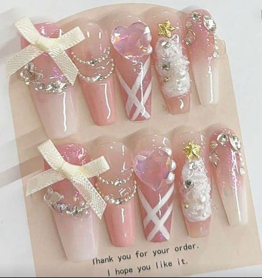 Sweet Pink Gradient Hand-Painted Handmade Ribbon Diamonds And Hearts
