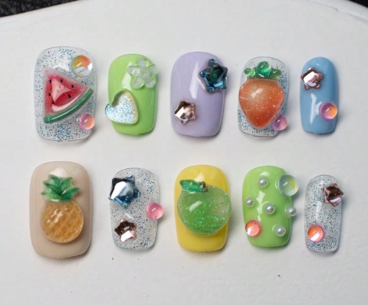 Handmade Short Square Nails For Spring/Summer, With Colorful Fruit, Hearts, Stars And Holographic Glitter Design. Glossy Finish