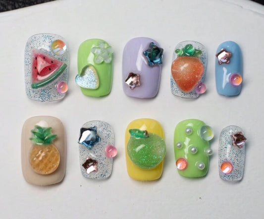 Handmade Short Square Nails For Spring/Summer, With Colorful Fruit, Hearts, Stars And Holographic Glitter Design. Glossy Finish