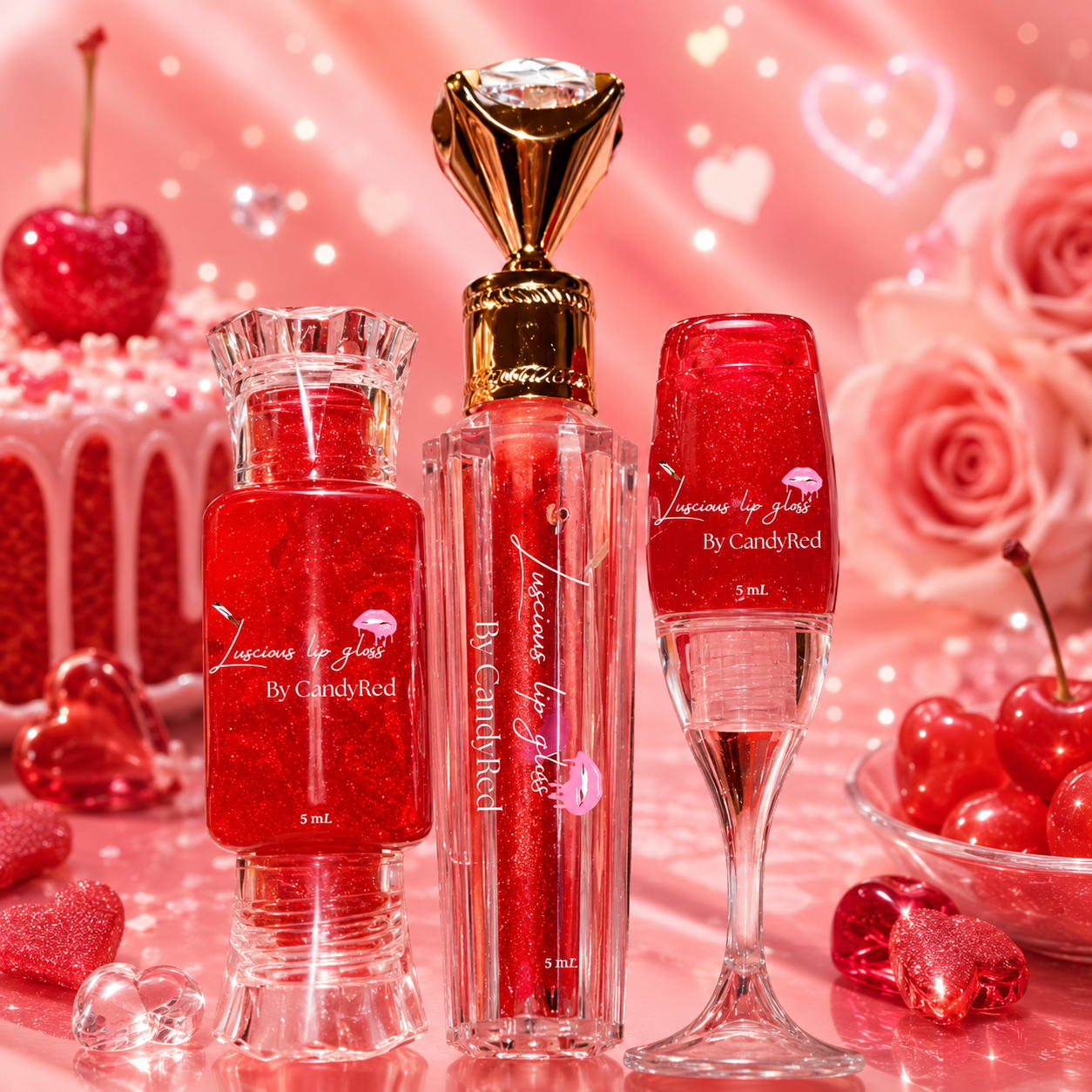(3 Piece Set) Candy Red Wine Glass, Faux Wand And Candy Tube  Luscious Lip Gloss