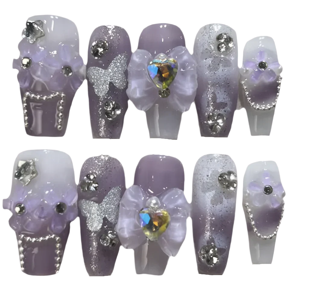 Luxury Purple Long-Styled 3d Flower & Bow, Sparkly Rhinestone, Heart-Shaped Bow Knot Design