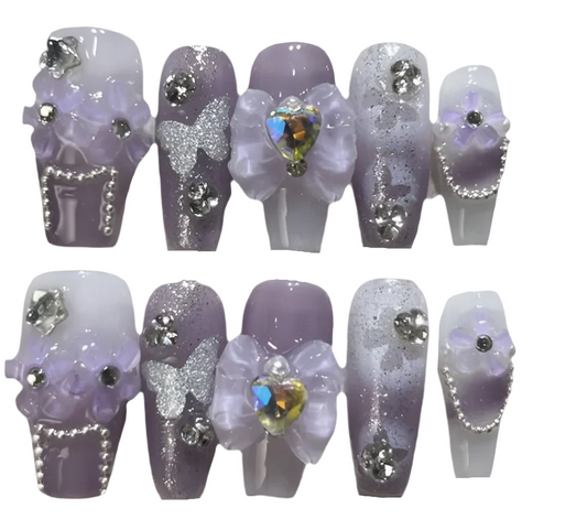 Luxury Purple Long-Styled 3d Flower & Bow, Sparkly Rhinestone, Heart-Shaped Bow Knot Design