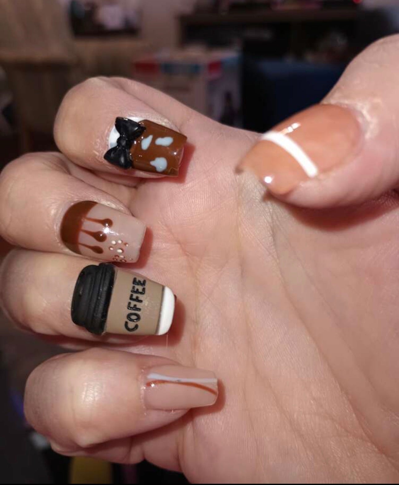 Short Square Nut Brown Coffee Themed Graphic Design Hand-Made