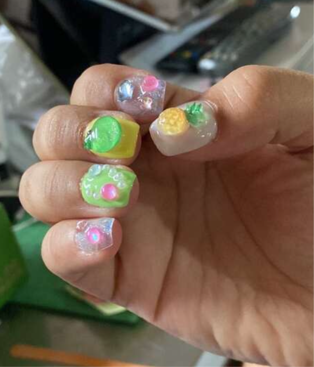 Handmade Short Square Nails For Spring/Summer, With Colorful Fruit, Hearts, Stars And Holographic Glitter Design. Glossy Finish