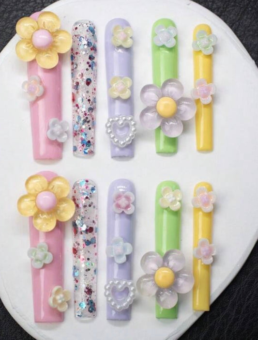 Spring And Summer or Any Season Extra Long %100 Handmade Y2K Style, With Pink, Purple, Green And Yellow Macaroon Color Armor Pieces Embellished With Colorful Sequins, Hearts And Flower Designs