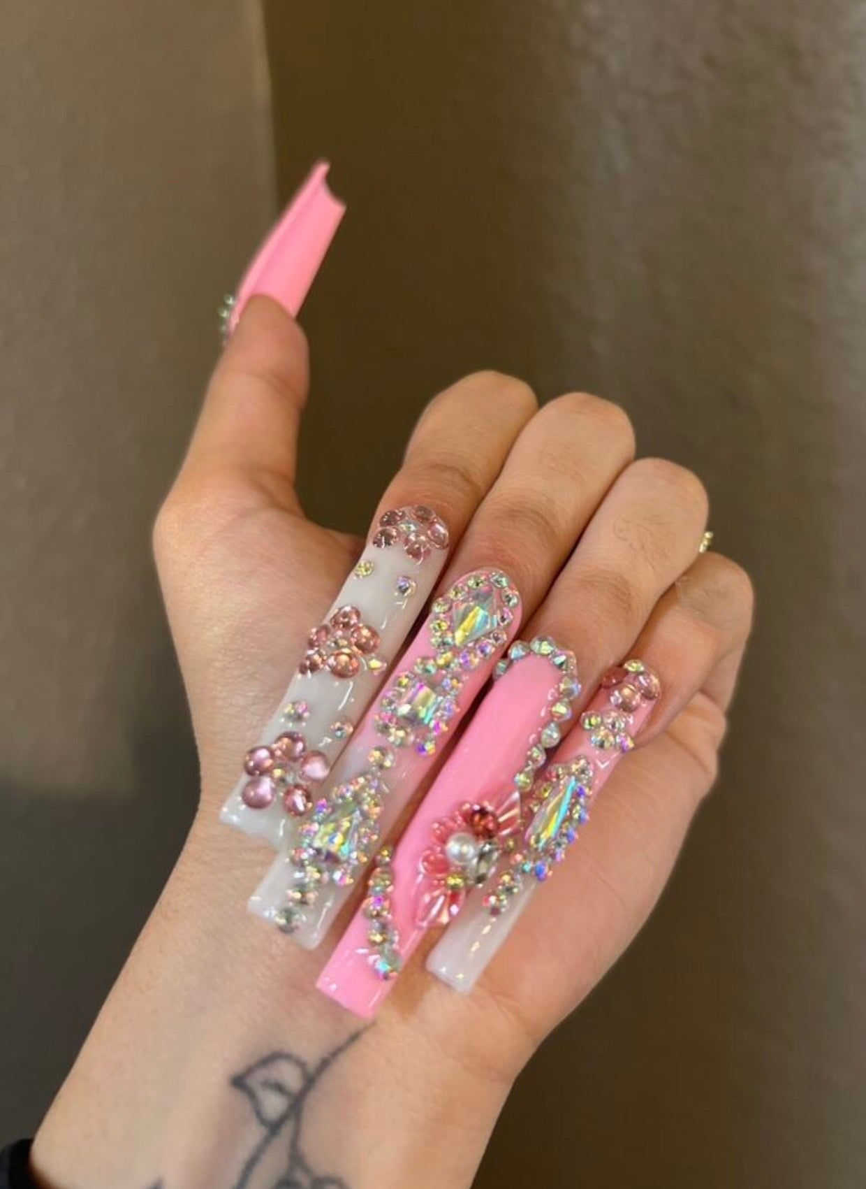 XXL Long Acrylic 3D Handmade Full Diamond Flower Nails