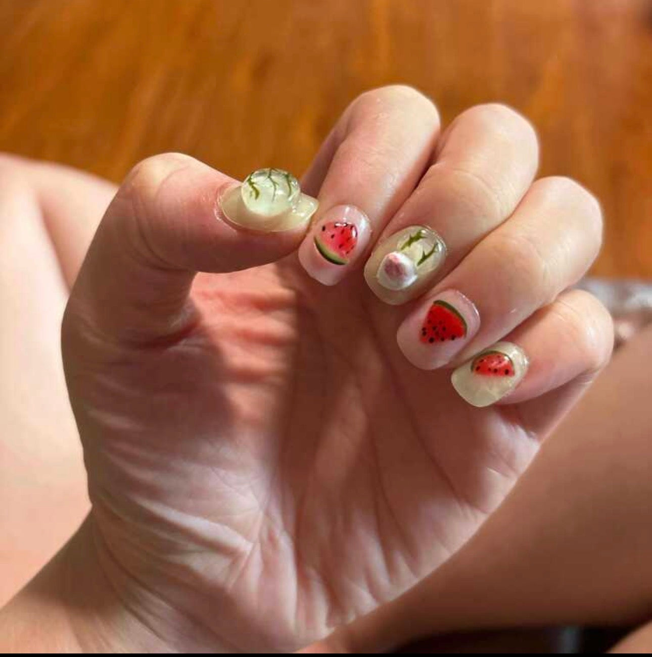 Handmade Short Square Nails For Spring/Summer, With Colorful Fruit, Hearts, Stars And Holographic Glitter Design. Glossy Finish