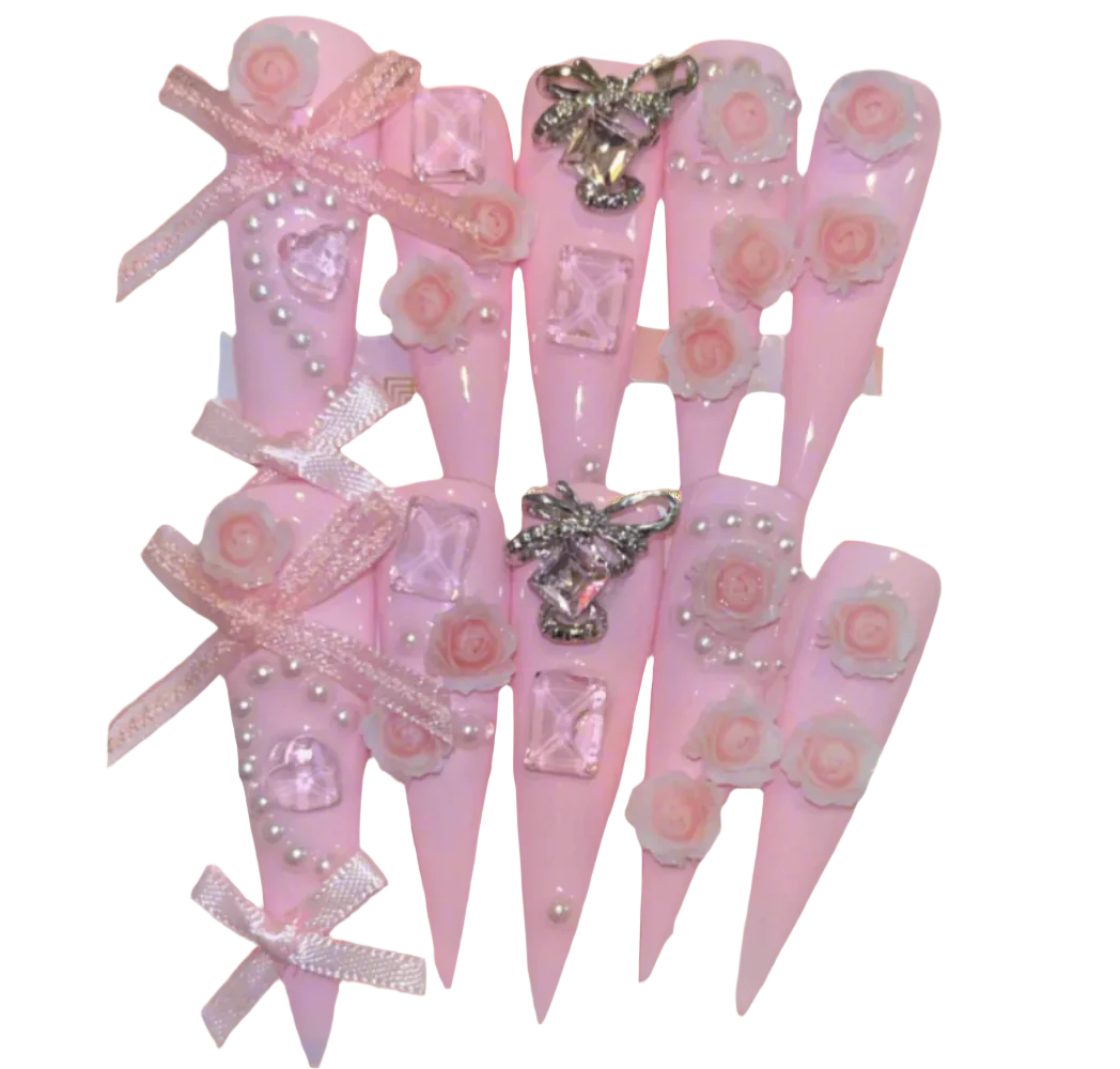 Hand Made 3D Pink Stilettos Ribbons, Hearts, Diamond, Rose Flowers And Hearts