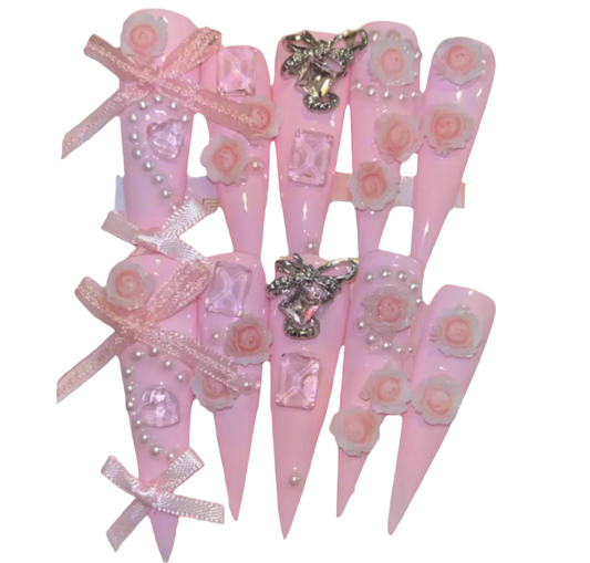 Hand Made 3D Pink Stilettos Ribbons, Hearts, Diamond, Rose Flowers And Hearts