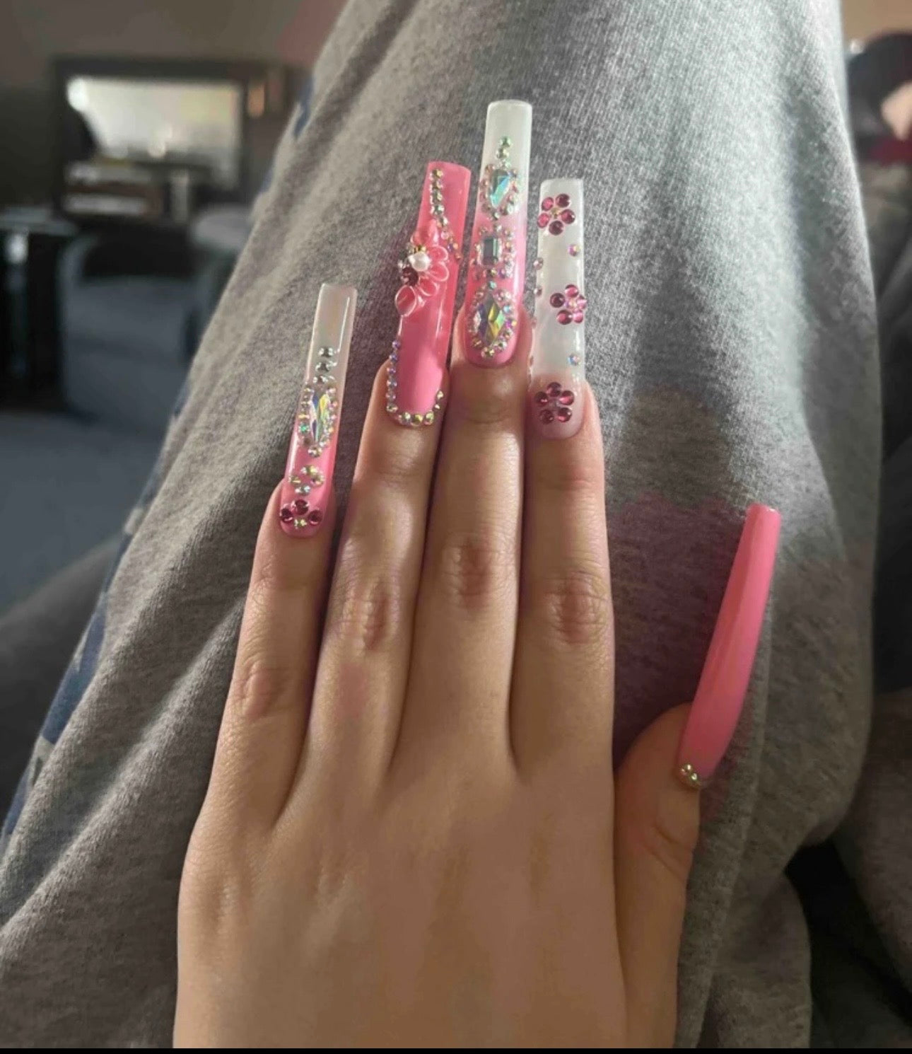 XXL Long Acrylic 3D Handmade Full Diamond Flower Nails