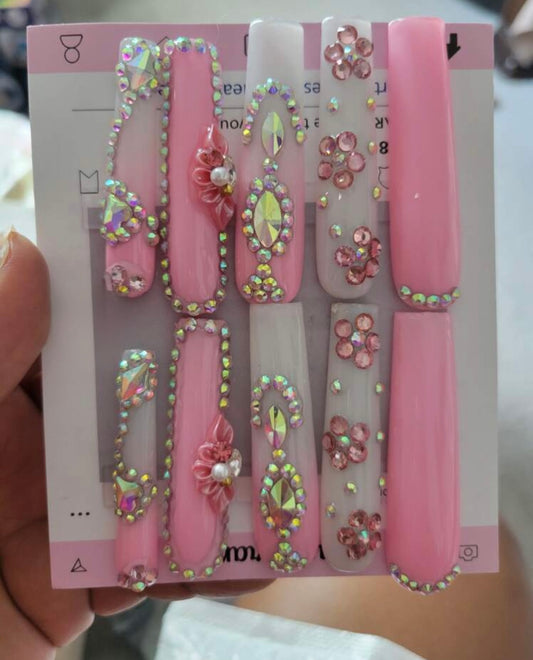 XXL Long Acrylic 3D Handmade Full Diamond Flower Nails