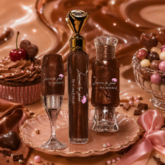 (3 Piece Set) Mocha  Nude Brown Candy Tube, Faux Wand And Wine Glass  Luscious Lip Gloss